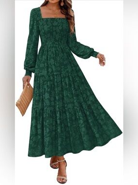 KIRUNDO Emerald Green Smocked Floral Maxi Dress Size Large